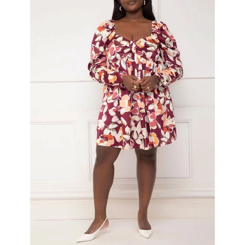 Eloquii Purple Floral Smocked Sweetheart Neckline Mini Dress - Size 22